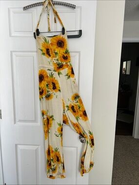 Sunflower Halter Wide-Leg Jumpsuit - Cream & Yellow L